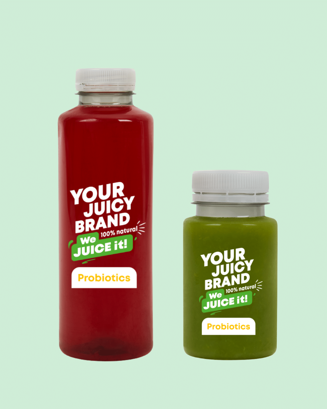 Two bottles of probiotic drinks showcasing ready-to-launch B2B product concepts.